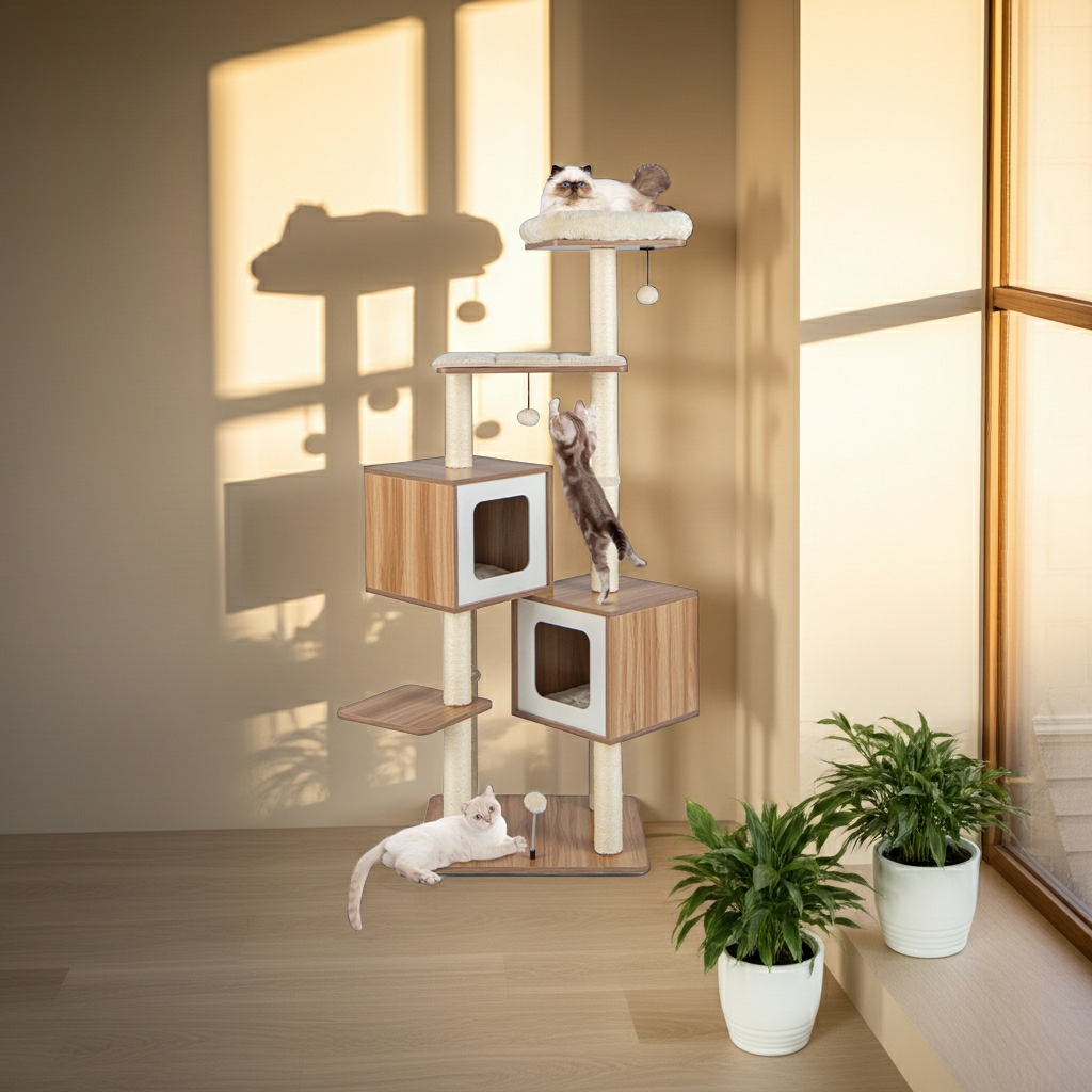 Cat Tree with 2 Condos and Washable Cushions Multi-Layer Activity Center 58 x 65.5 x 163 cm Natural