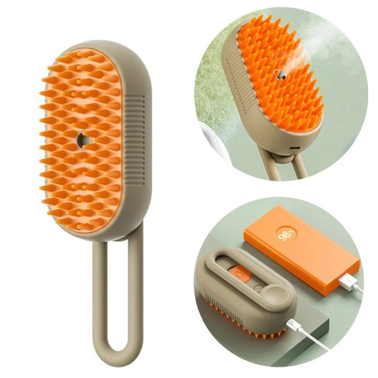 Cepillo eléctrico 4 en 1 con spray para perros y gatos – Desenreda, elimina pelo y masajea con vapor antiestático