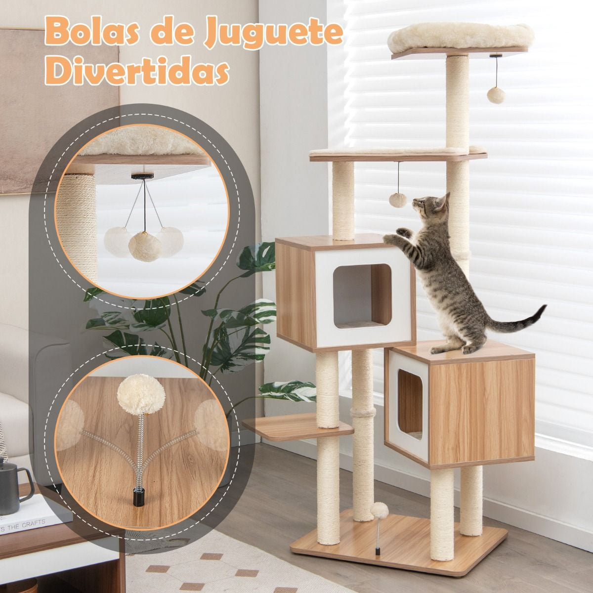 Árbol Para Gatos Con 2 Condominios Y Cojines Lavables Centro De Actividad De Varias Capas 58 X 65,5 X 163 Cm Natural - Click&Go Shop by Cris