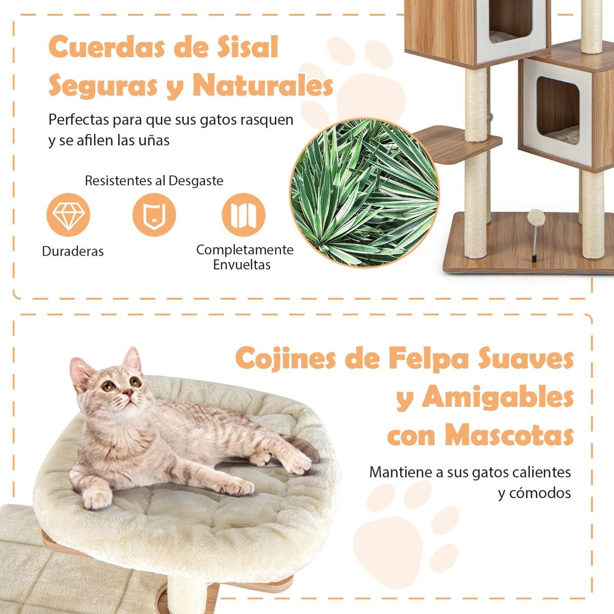 Árbol Para Gatos Con 2 Condominios Y Cojines Lavables Centro De Actividad De Varias Capas 58 X 65,5 X 163 Cm Natural - Click&Go Shop by Cris