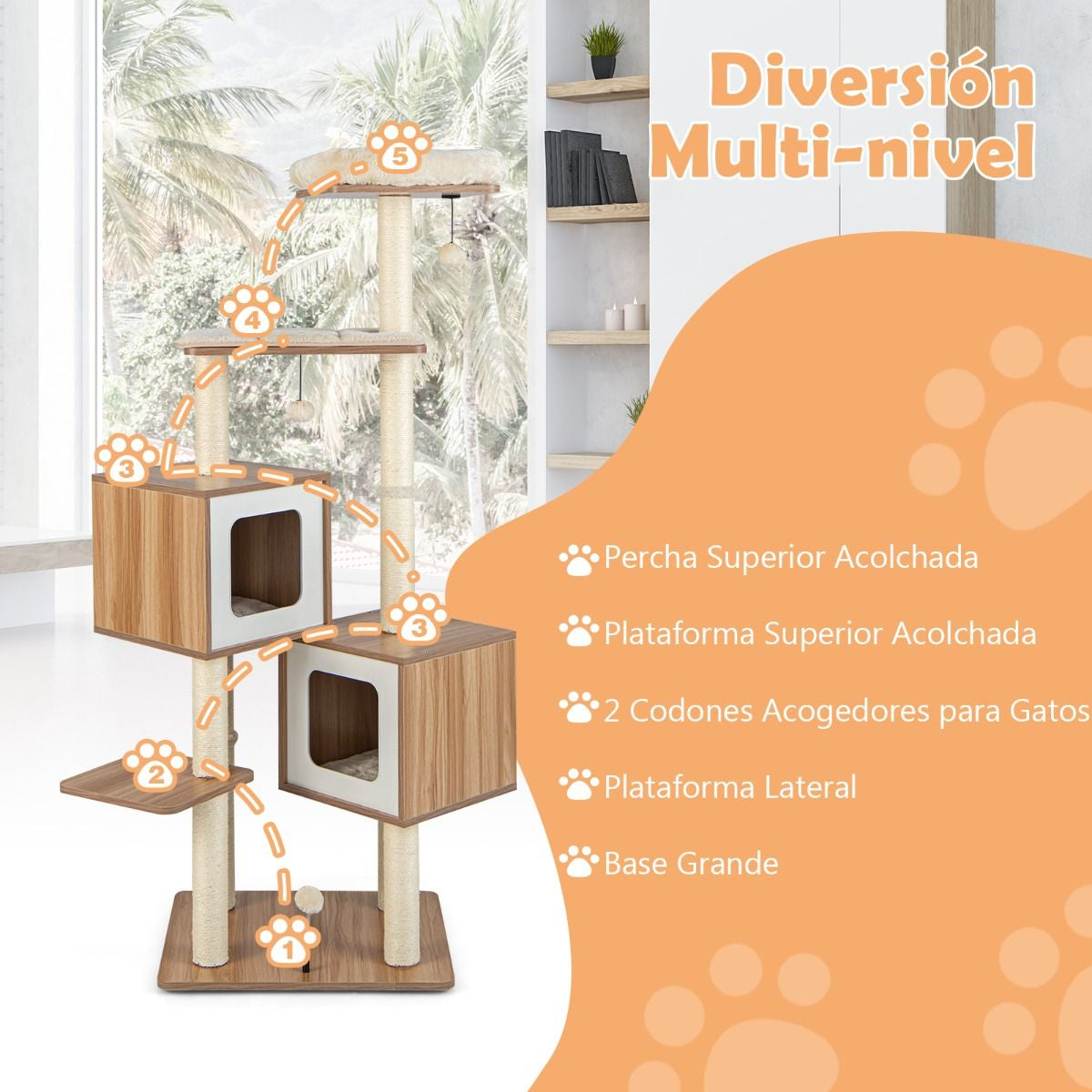 Árbol Para Gatos Con 2 Condominios Y Cojines Lavables Centro De Actividad De Varias Capas 58 X 65,5 X 163 Cm Natural - Click&Go Shop by Cris