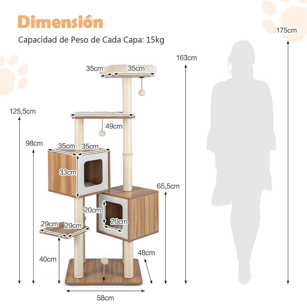 Árbol Para Gatos Con 2 Condominios Y Cojines Lavables Centro De Actividad De Varias Capas 58 X 65,5 X 163 Cm Natural - Click&Go Shop by Cris