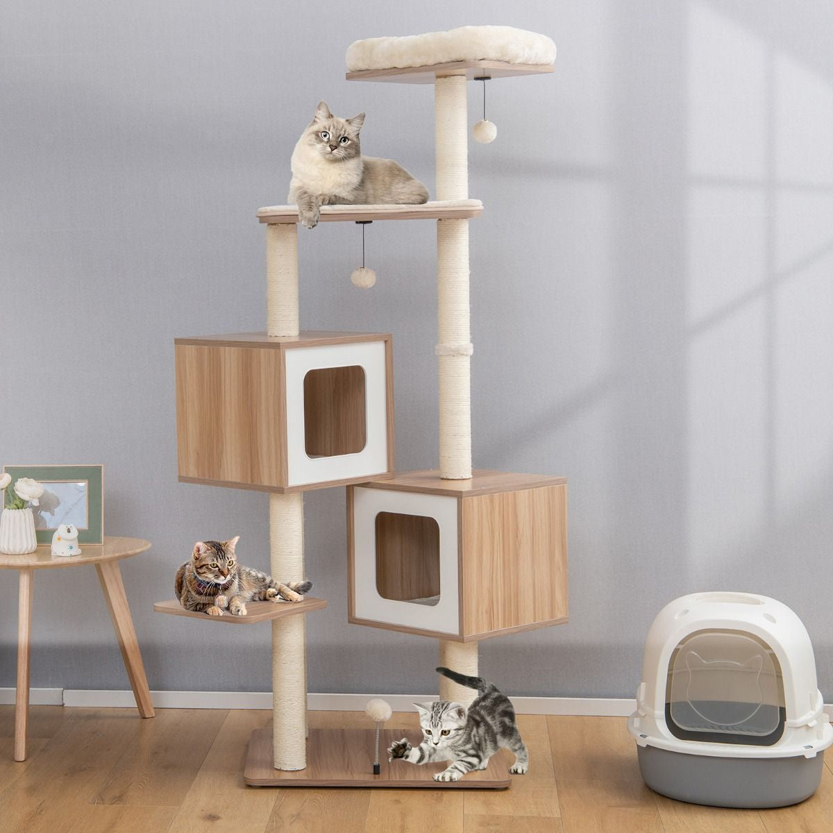 Árbol Para Gatos Con 2 Condominios Y Cojines Lavables Centro De Actividad De Varias Capas 58 X 65,5 X 163 Cm Natural - Click&Go Shop by Cris