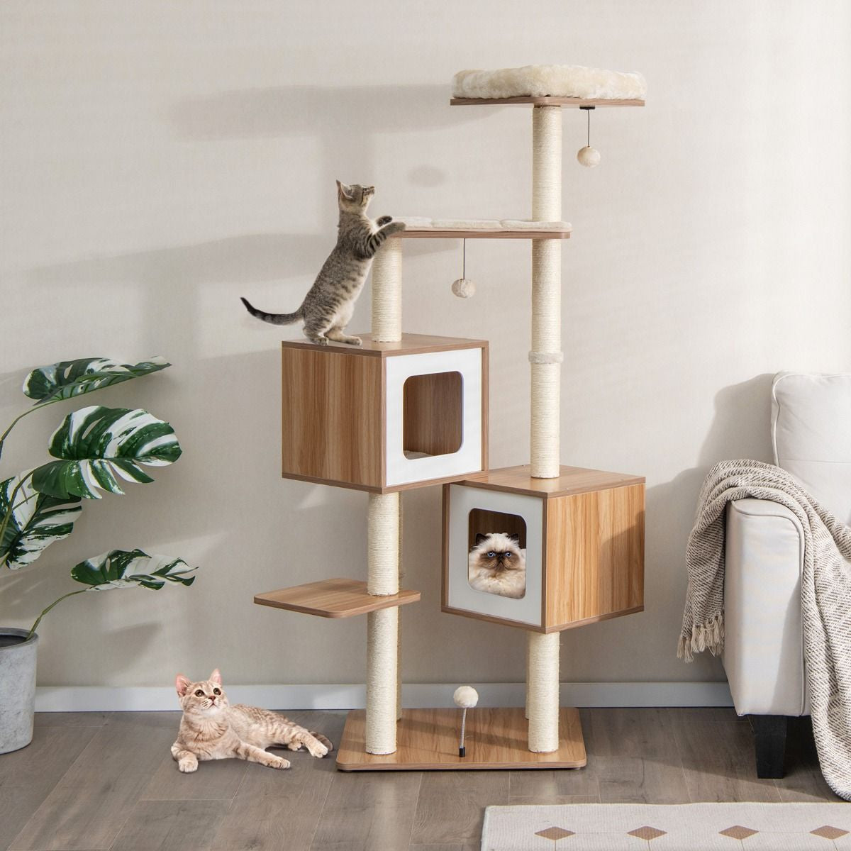 Árbol Para Gatos Con 2 Condominios Y Cojines Lavables Centro De Actividad De Varias Capas 58 X 65,5 X 163 Cm Natural - Click&Go Shop by Cris