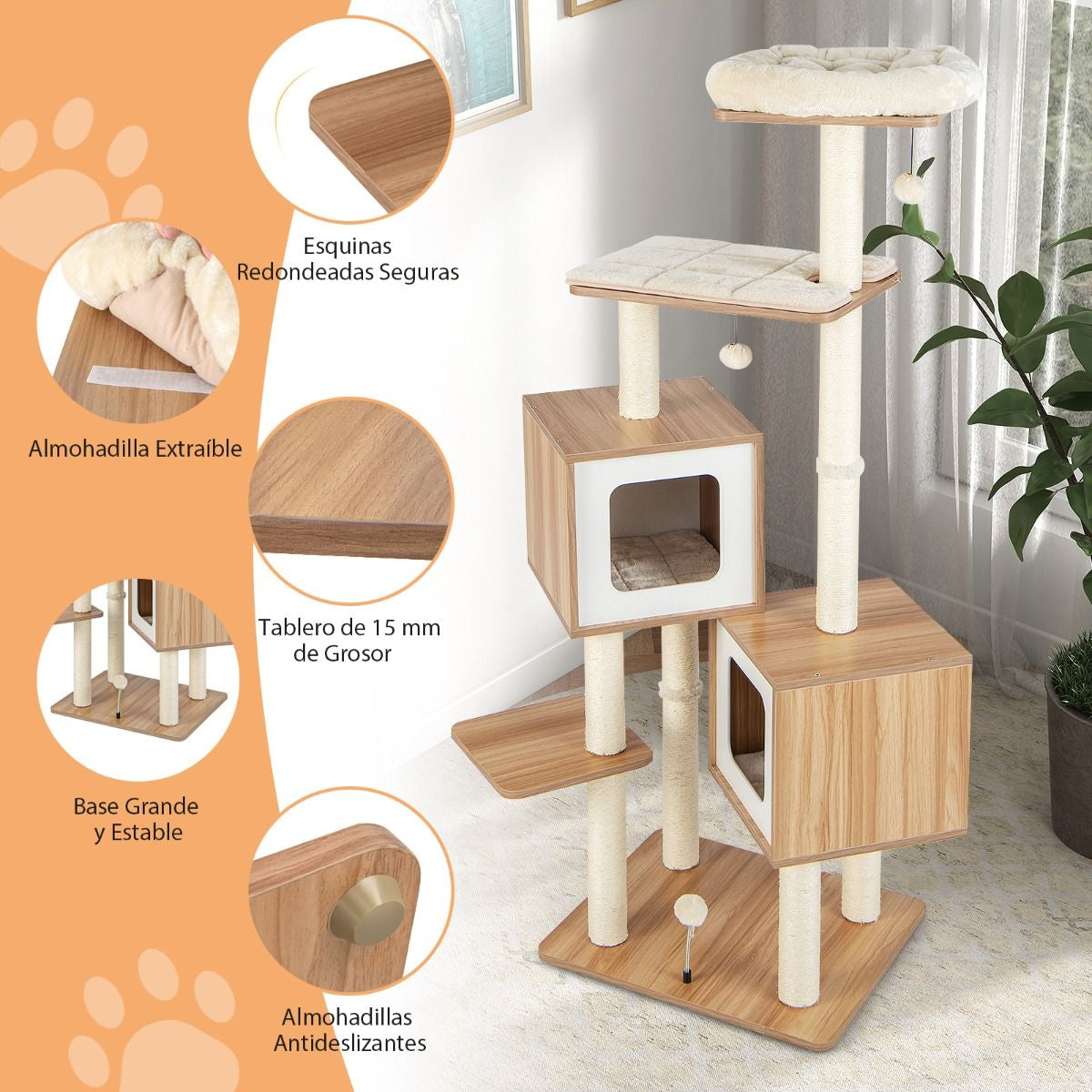 Árbol Para Gatos Con 2 Condominios Y Cojines Lavables Centro De Actividad De Varias Capas 58 X 65,5 X 163 Cm Natural - Click&Go Shop by Cris
